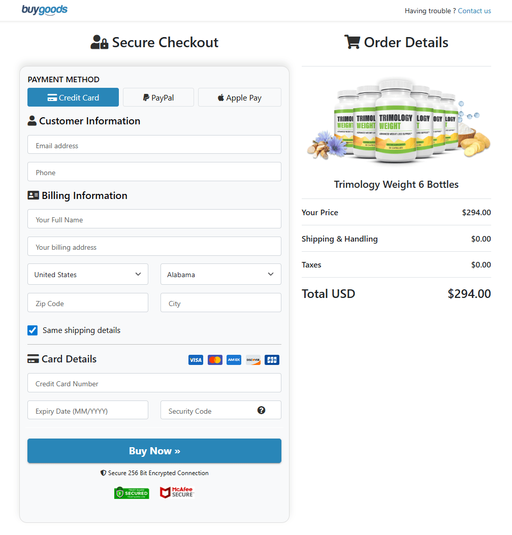 Trimology Weight secure checkout page